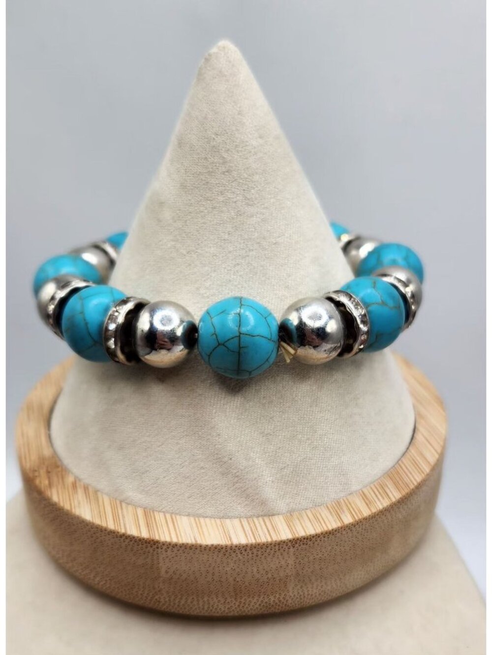 10mm Faux Turquoise Bead Stretch Bracelet With Silver Tone Beads & Crystal Accen